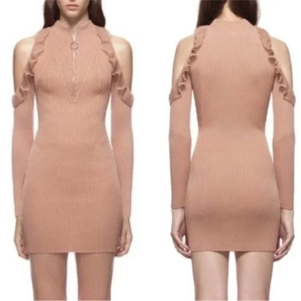 NWOT Self-Portrait Alina Ribbed Blush Bodycon Cold‎ Shoulder Dress Small